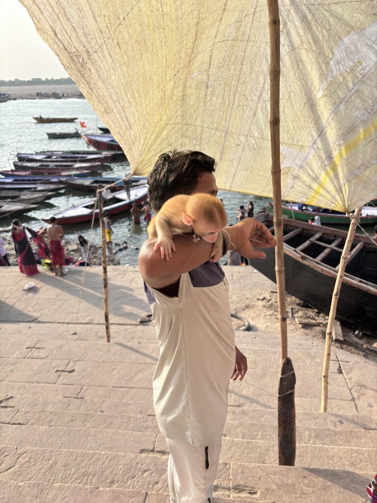 Man draagt een jonge aap op zijn schouder bij de ghats van de Ganges in Varanasi, India.
