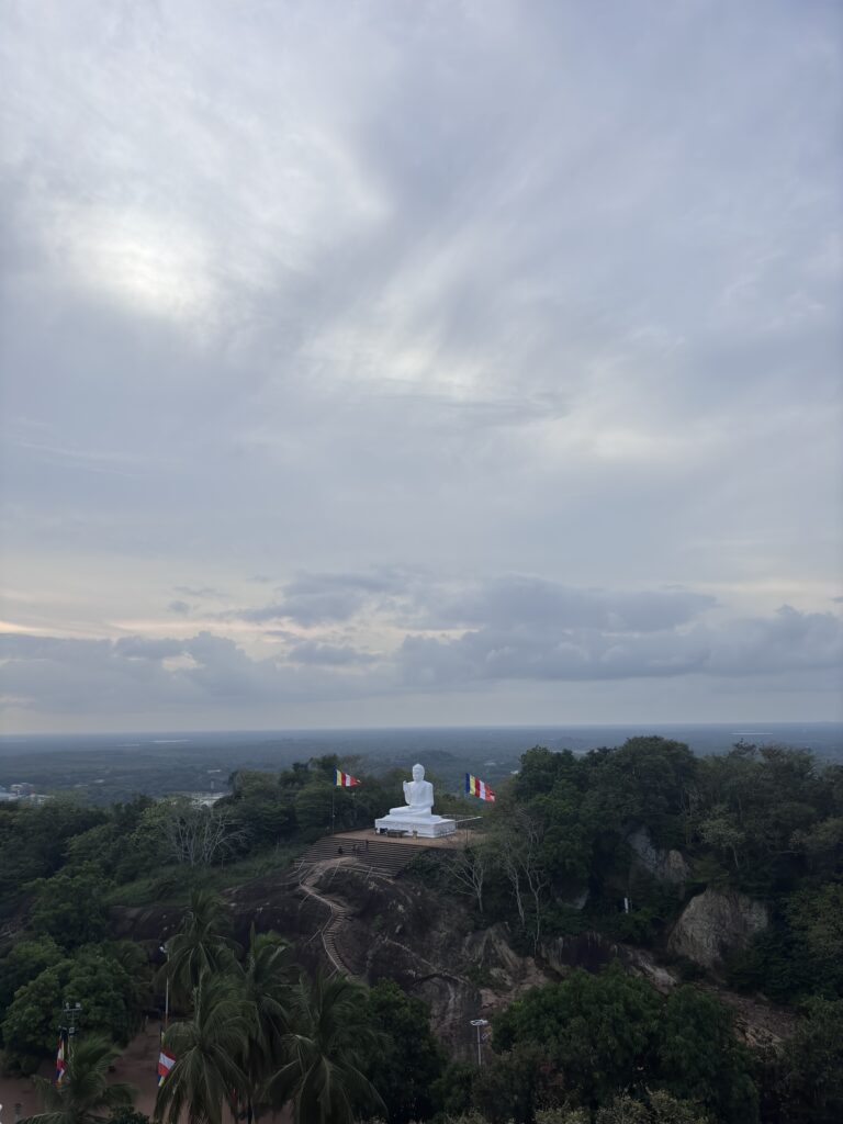 Grote witte Boeddhabeeld op een heuveltop omringd door bomen en vlaggen, met uitzicht over het landschap.