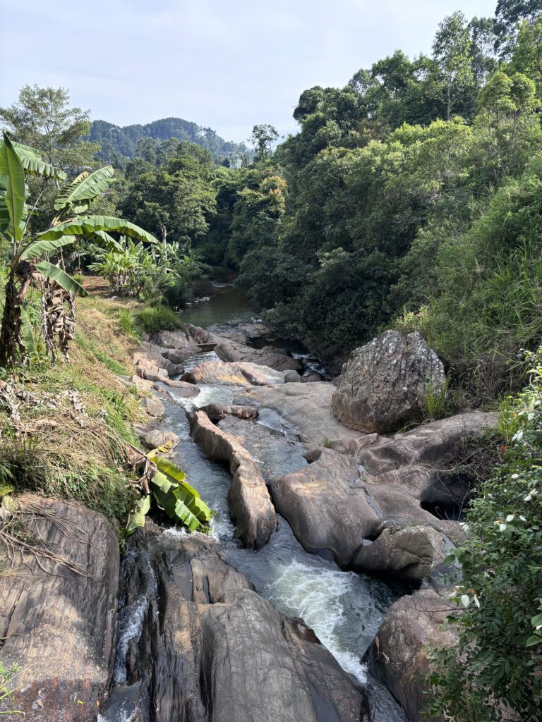 Stromende rivier tussen grote rotsen omringd door weelderige jungle in Ella, Sri Lanka.