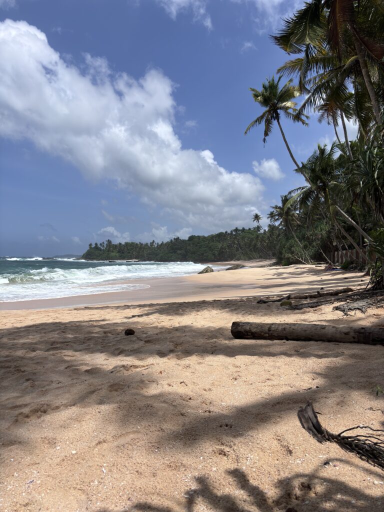 Tropisch strand in Mirissa met zacht zand, wuivende palmbomen en golven onder een blauwe lucht met wolken.
